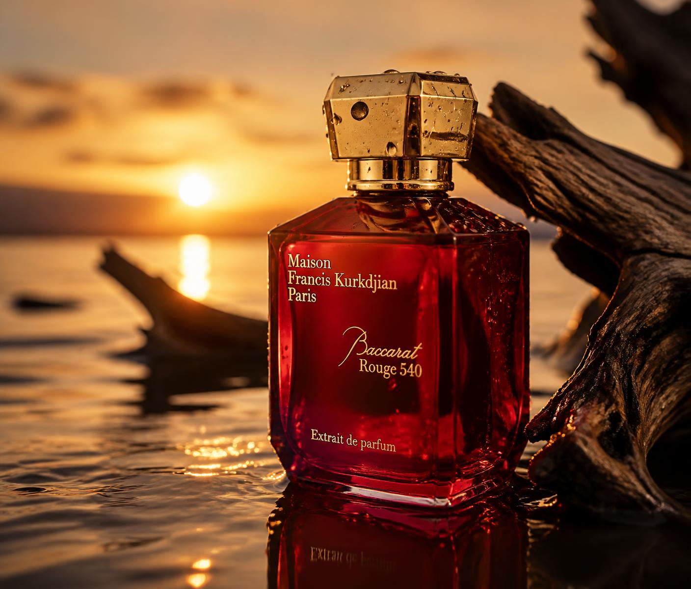 Red luxury perfume bottle at sunset